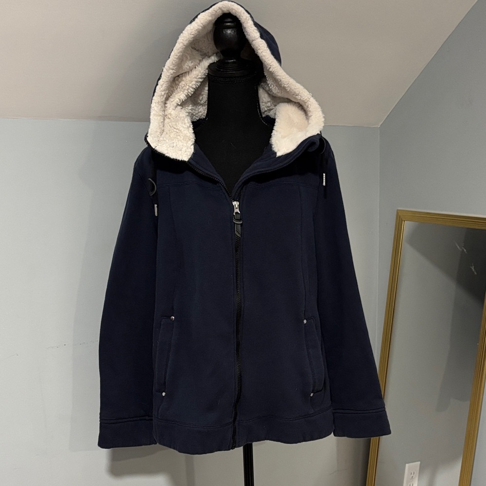 1 Madison Expedition women's knit jacket with a double layer and faux fur hood